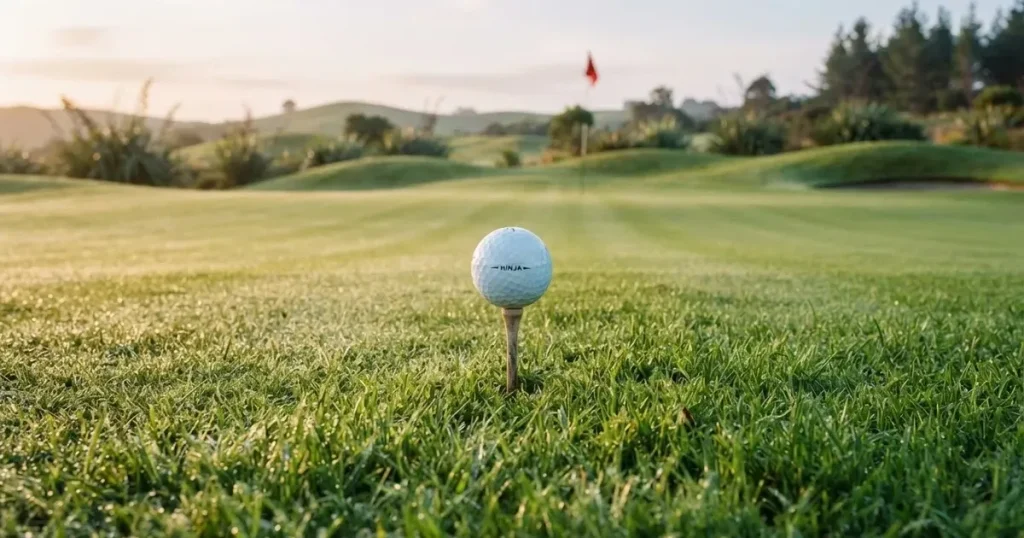 A ball on the centre spot of a grass pitch in morning light
