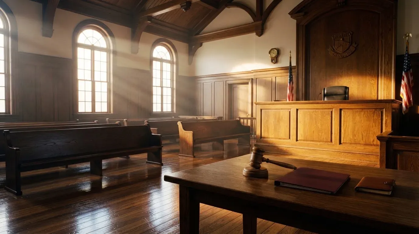 An empty courtroom with wooden benches in morning light