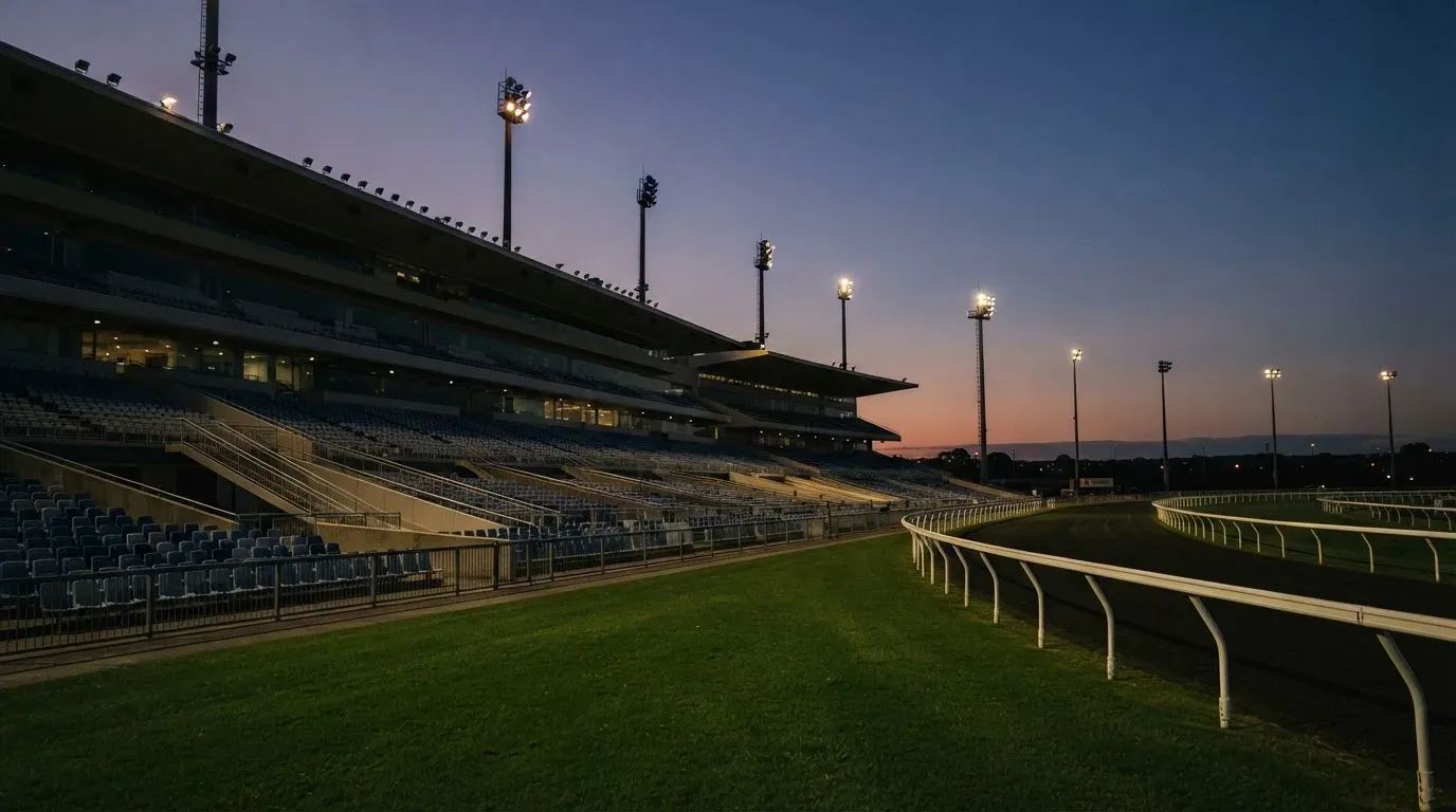 An empty football stadium with floodlight masts at dusk