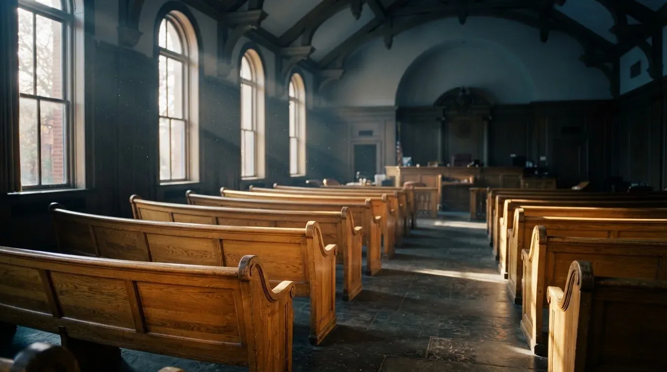 An empty courtroom with wooden benches in morning light