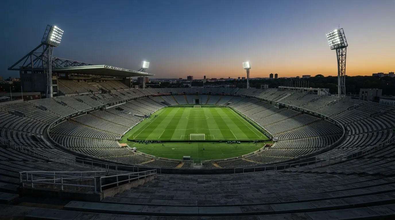 An empty football stadium with floodlight masts at dusk
