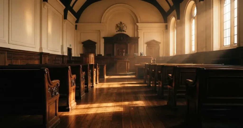 An empty courtroom with wooden benches in morning light