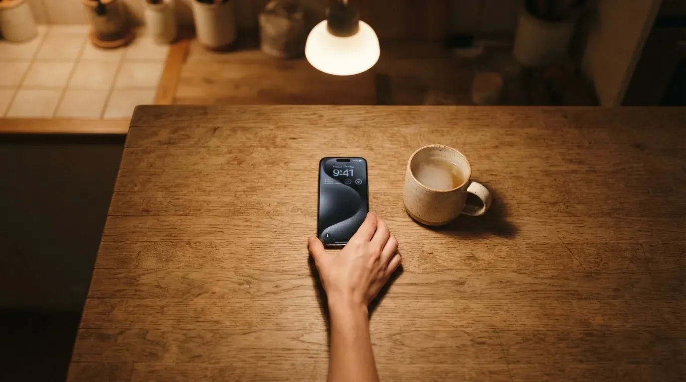 A hand setting a smartphone down beside a cup of tea on a kitchen table on a quiet evening