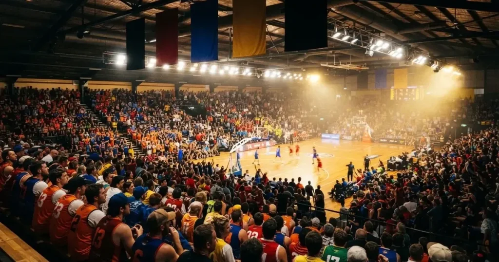 A packed sports hall under floodlights photographed from a long way off