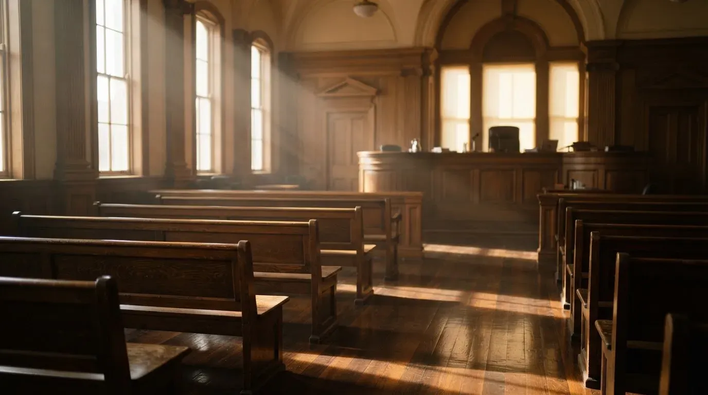 An empty courtroom with wooden benches in morning light