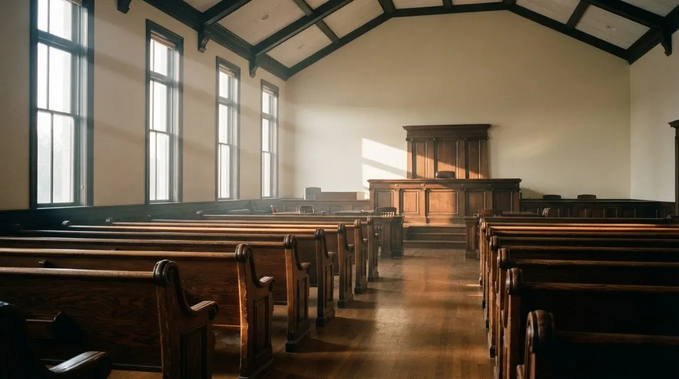 An empty courtroom with wooden benches in morning light