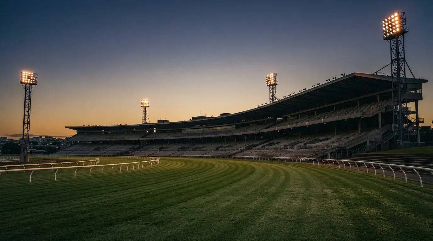 An empty football stadium with floodlight masts at dusk