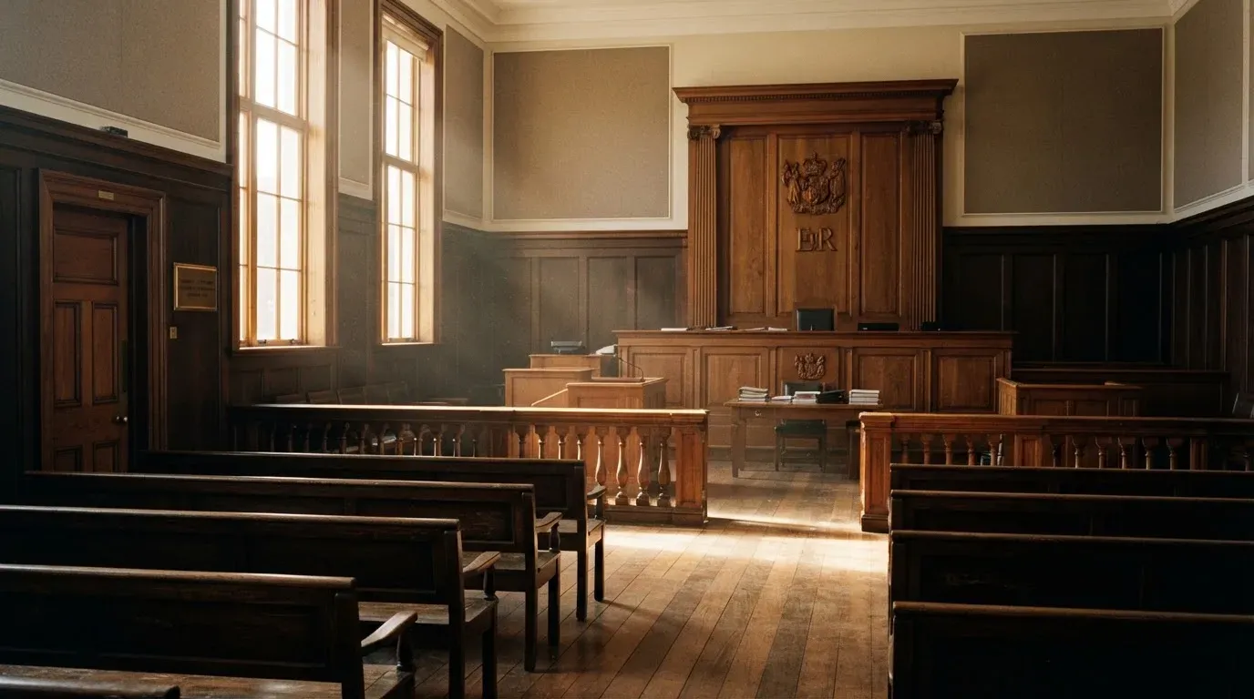 An empty courtroom with wooden benches in morning light