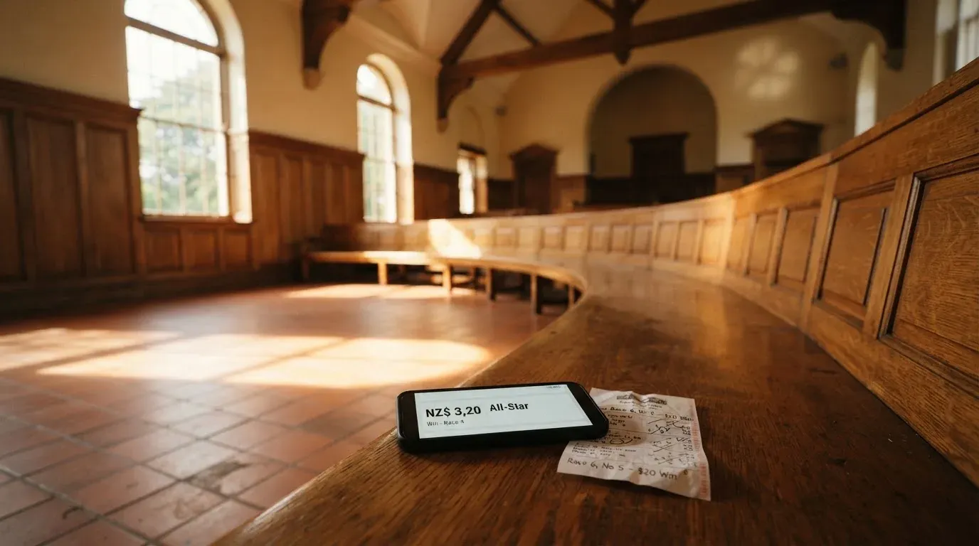 An empty courtroom with wooden benches in morning light