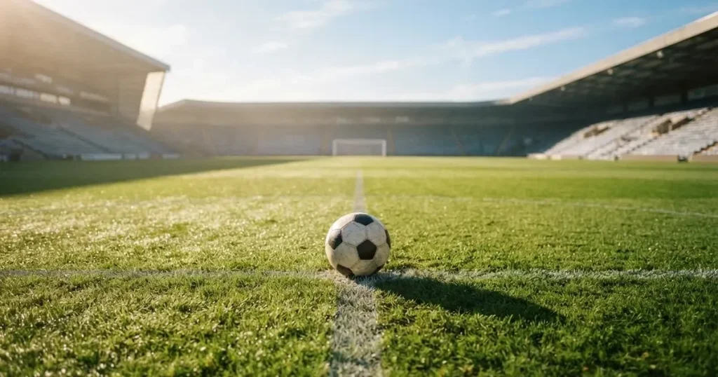 A ball on the centre spot of a grass pitch in morning light