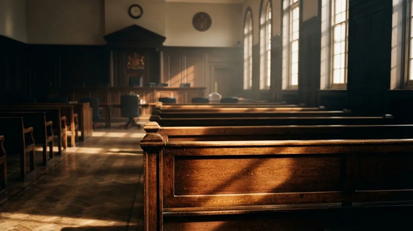 An empty courtroom with wooden benches in morning light
