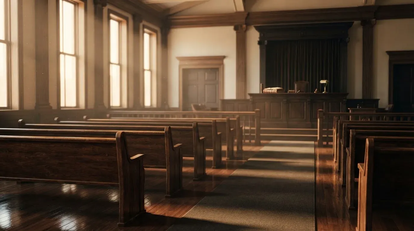 An empty courtroom with wooden benches in morning light