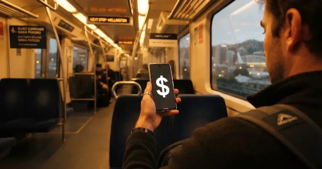 A hand holding a smartphone on a train in the evening, screen turned away