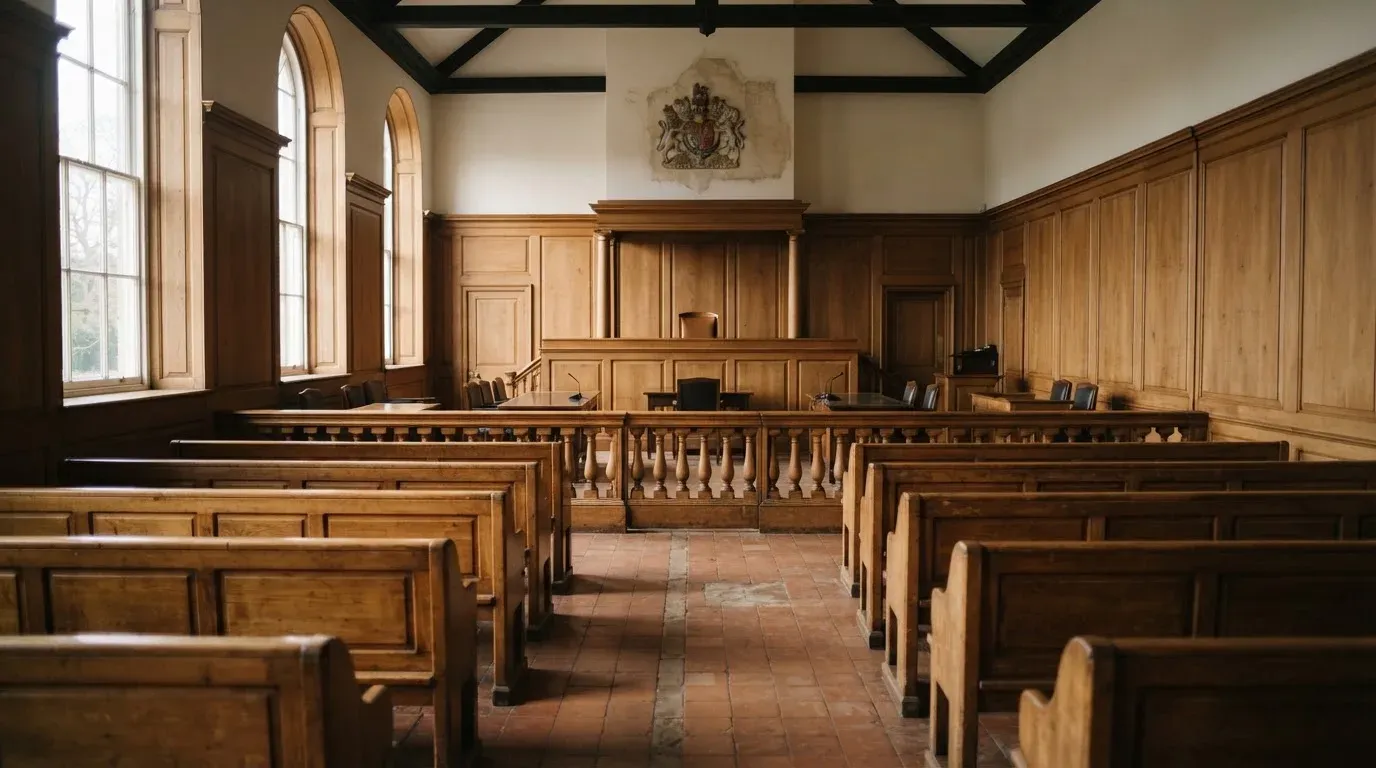 An empty courtroom with wooden benches in morning light