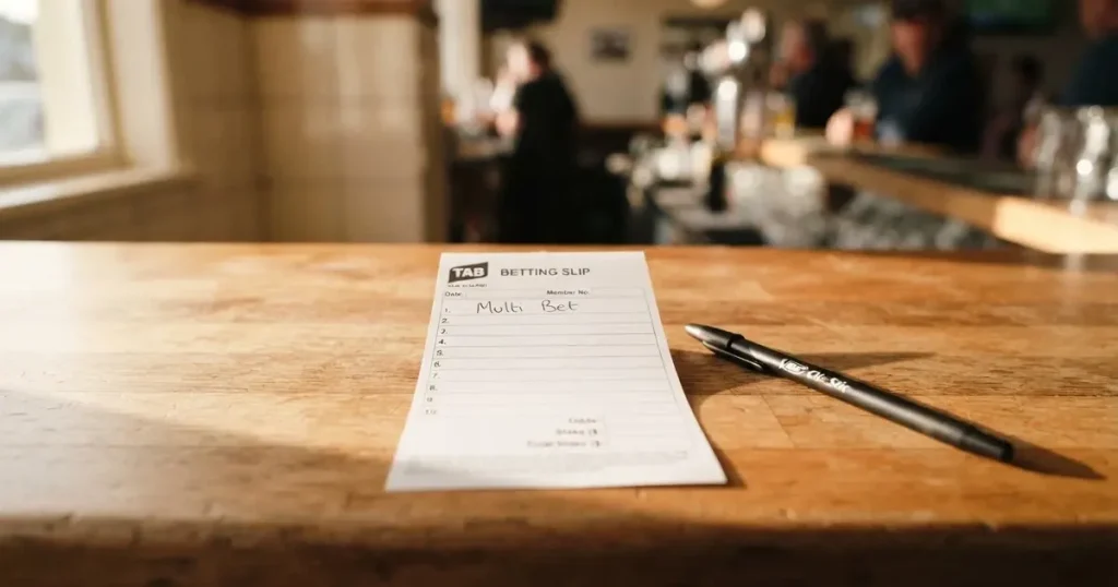 A blank paper betting slip beside a pen on a wooden counter