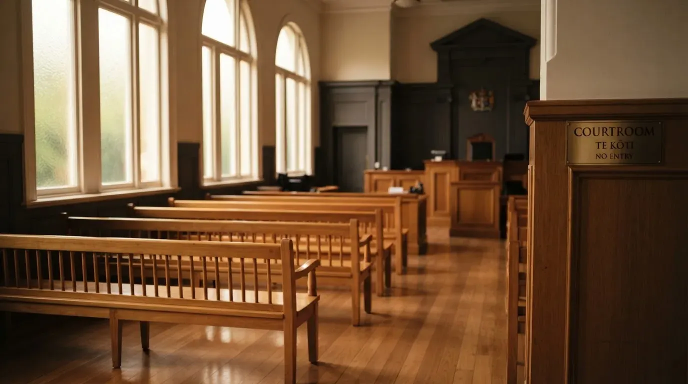 An empty courtroom with wooden benches in morning light