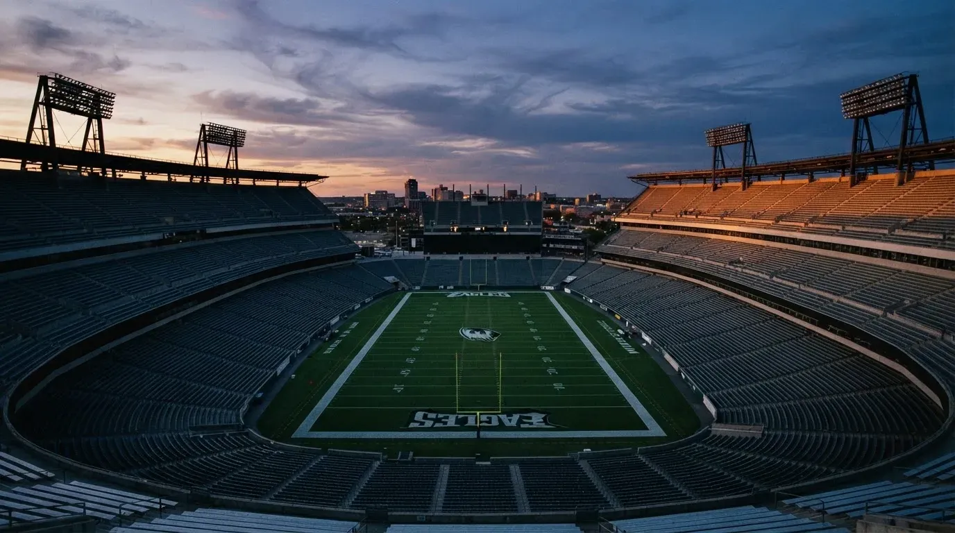 An empty football stadium with floodlight masts at dusk