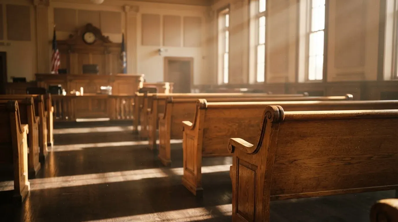 An empty courtroom with wooden benches in morning light