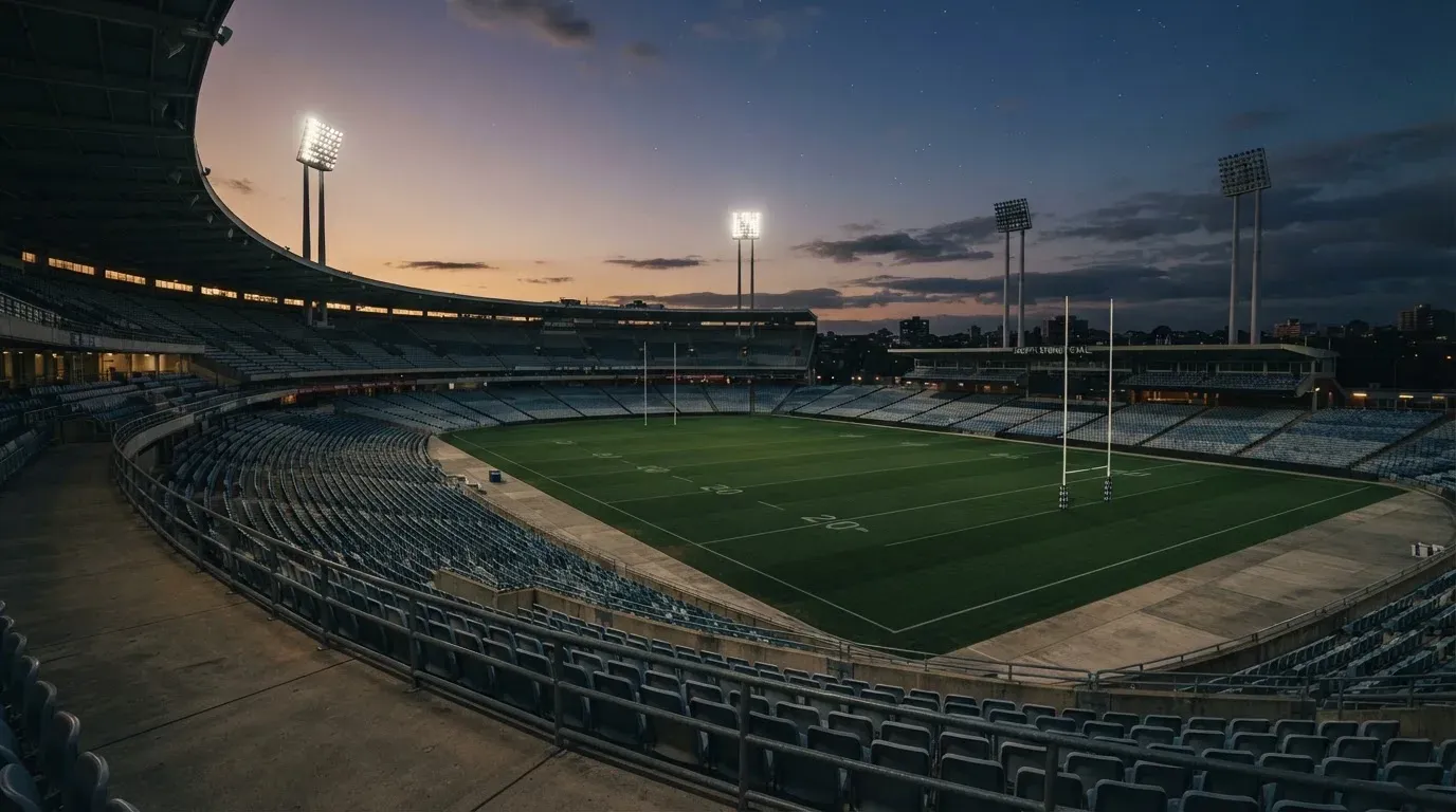 An empty football stadium with floodlight masts at dusk