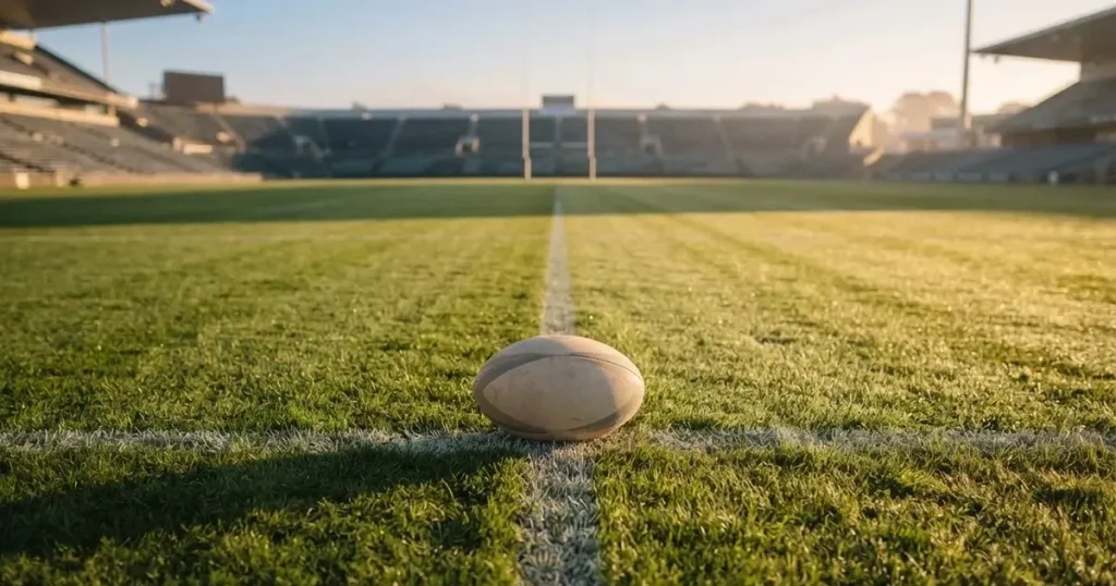 A ball on the centre spot of a grass pitch in morning light