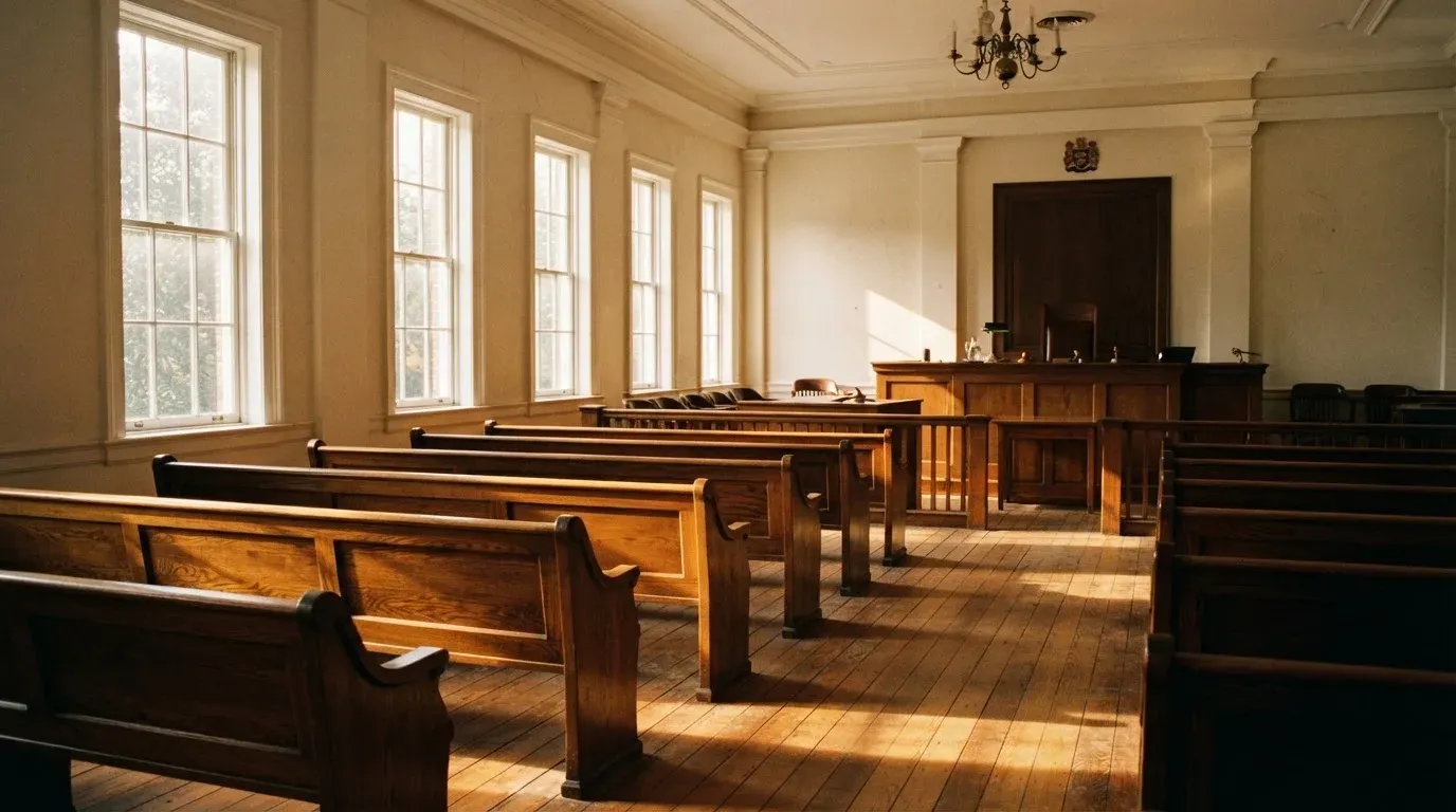 An empty courtroom with wooden benches in morning light