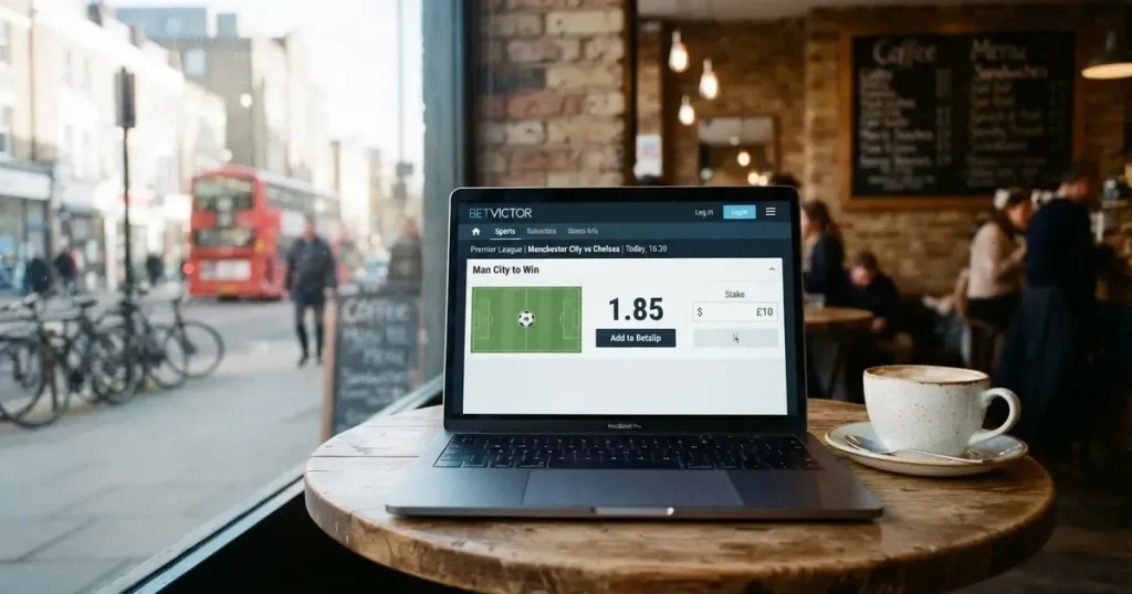 A laptop on a café table by a window onto the street
