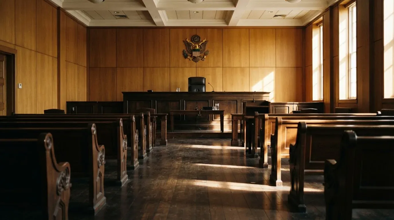 An empty courtroom with wooden benches in morning light