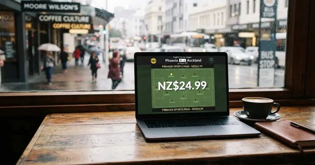 A laptop on a café table by a window onto the street