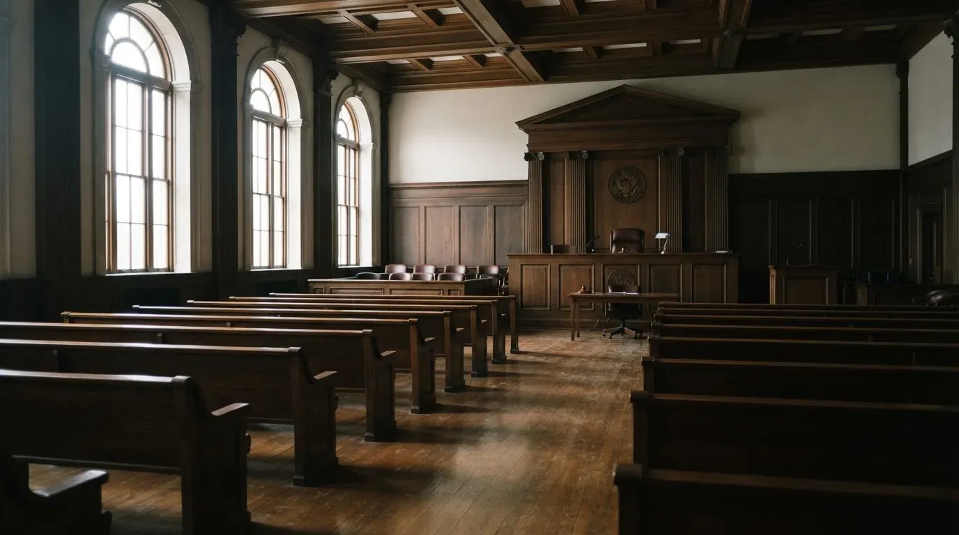 An empty courtroom with wooden benches in morning light