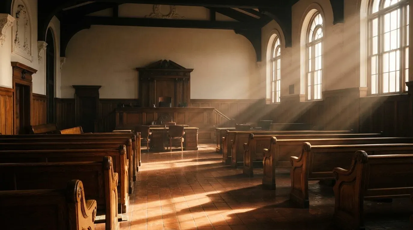 An empty courtroom with wooden benches in morning light