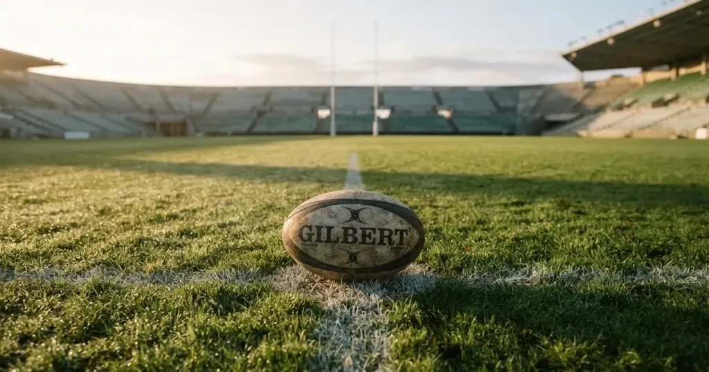 A ball on the centre spot of a grass pitch in morning light