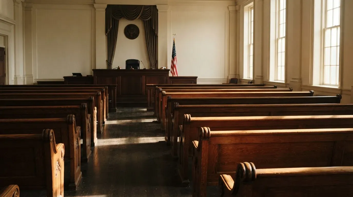 An empty courtroom with wooden benches in morning light
