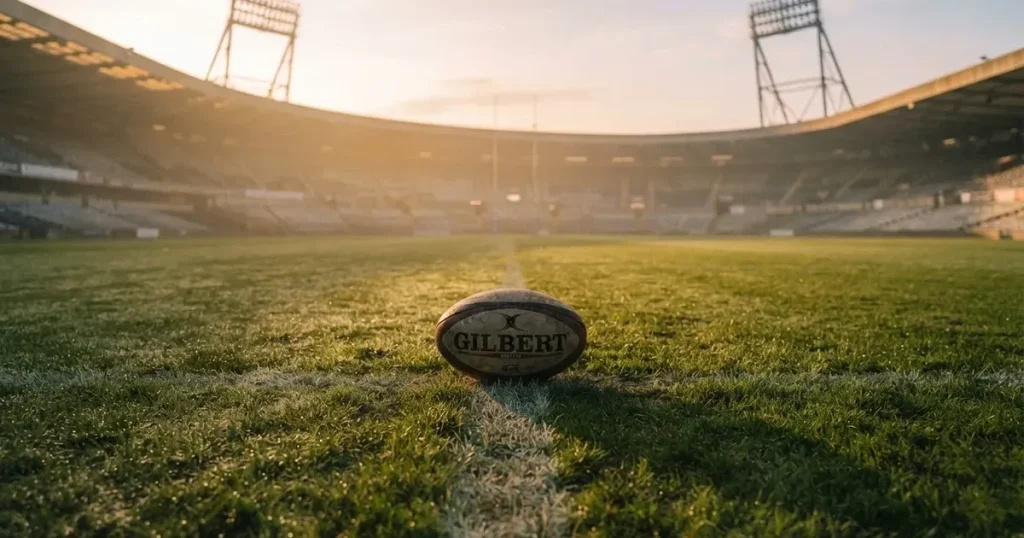 A ball on the centre spot of a grass pitch in morning light