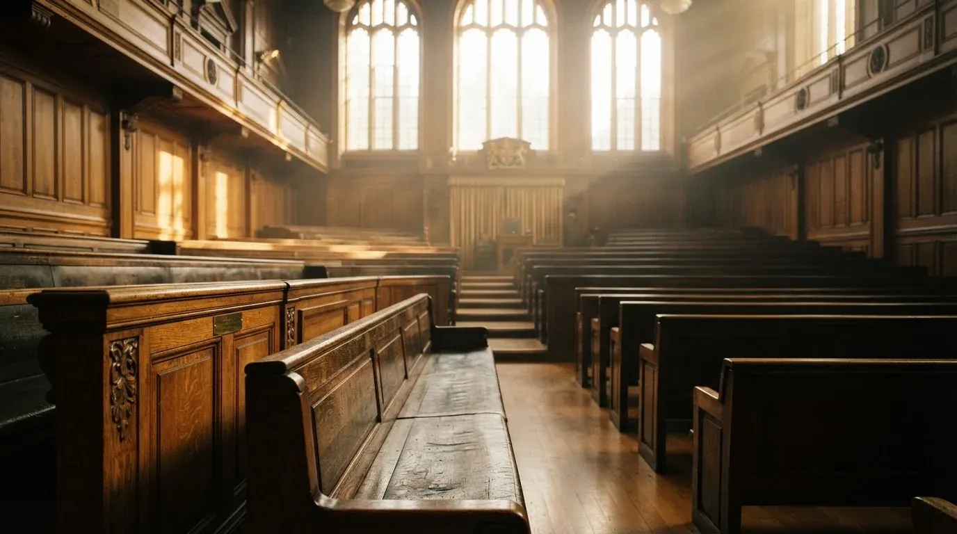 An empty courtroom with wooden benches in morning light