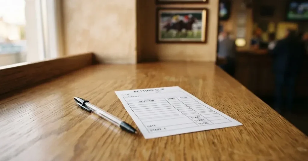 A blank paper betting slip beside a pen on a wooden counter