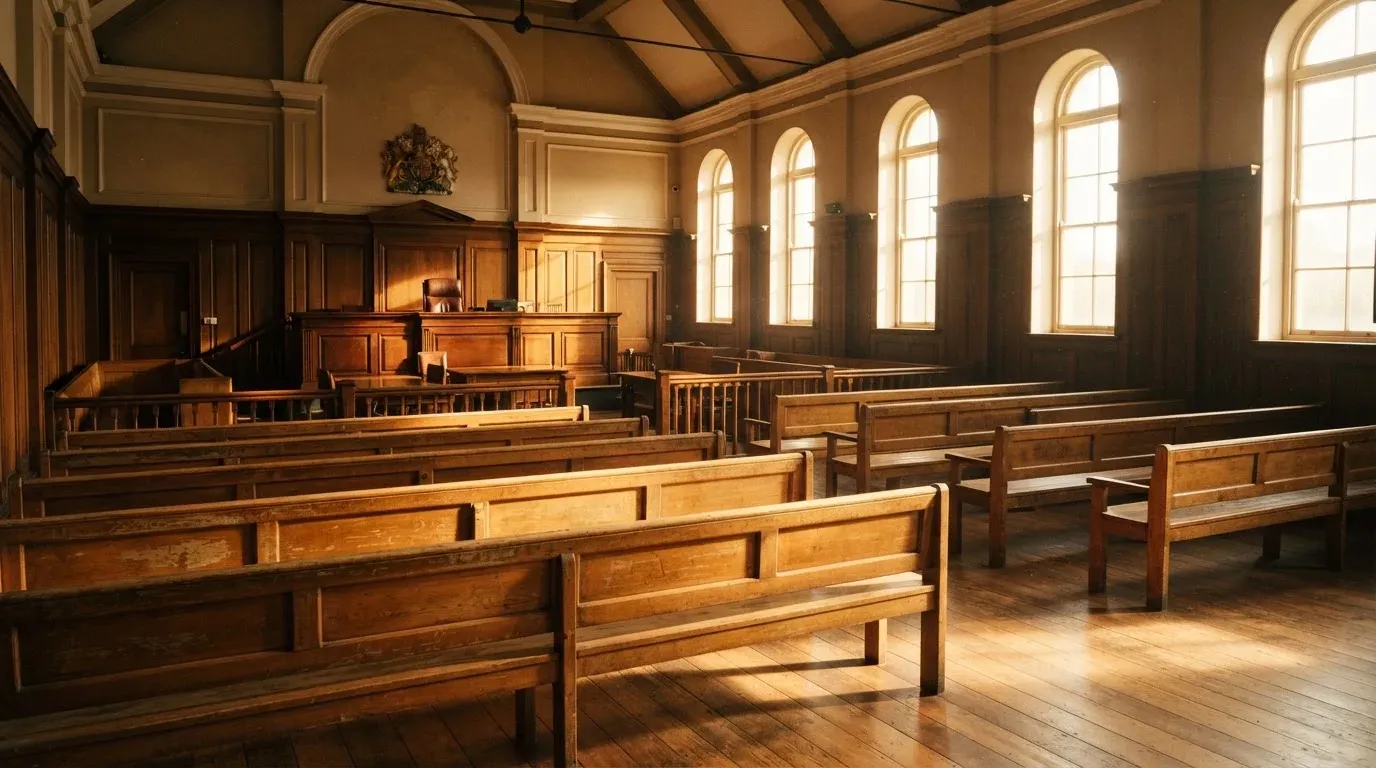 An empty courtroom with wooden benches in morning light