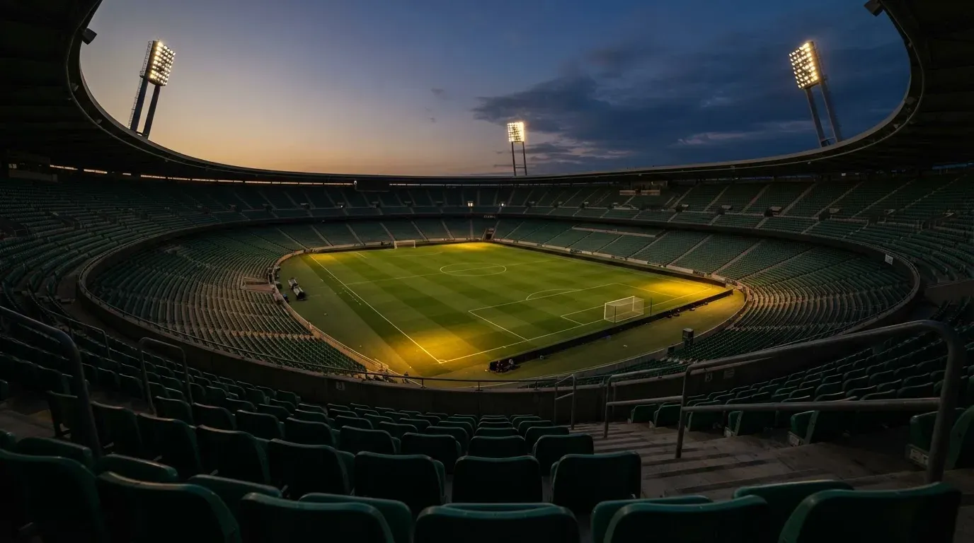 An empty football stadium with floodlight masts at dusk