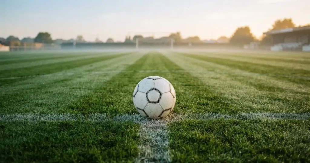 A ball on the centre spot of a grass pitch in morning light
