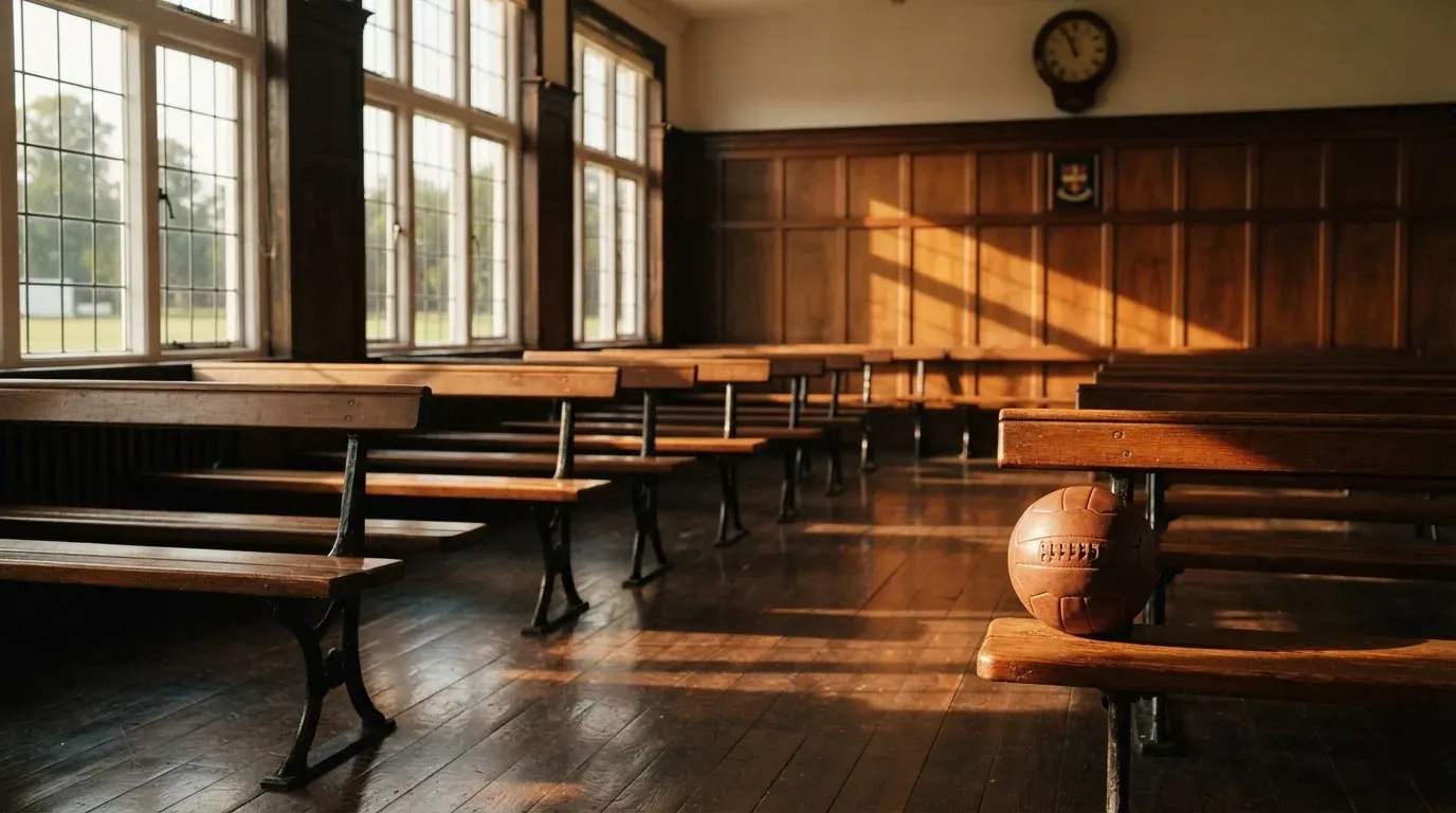 An empty courtroom with wooden benches in morning light