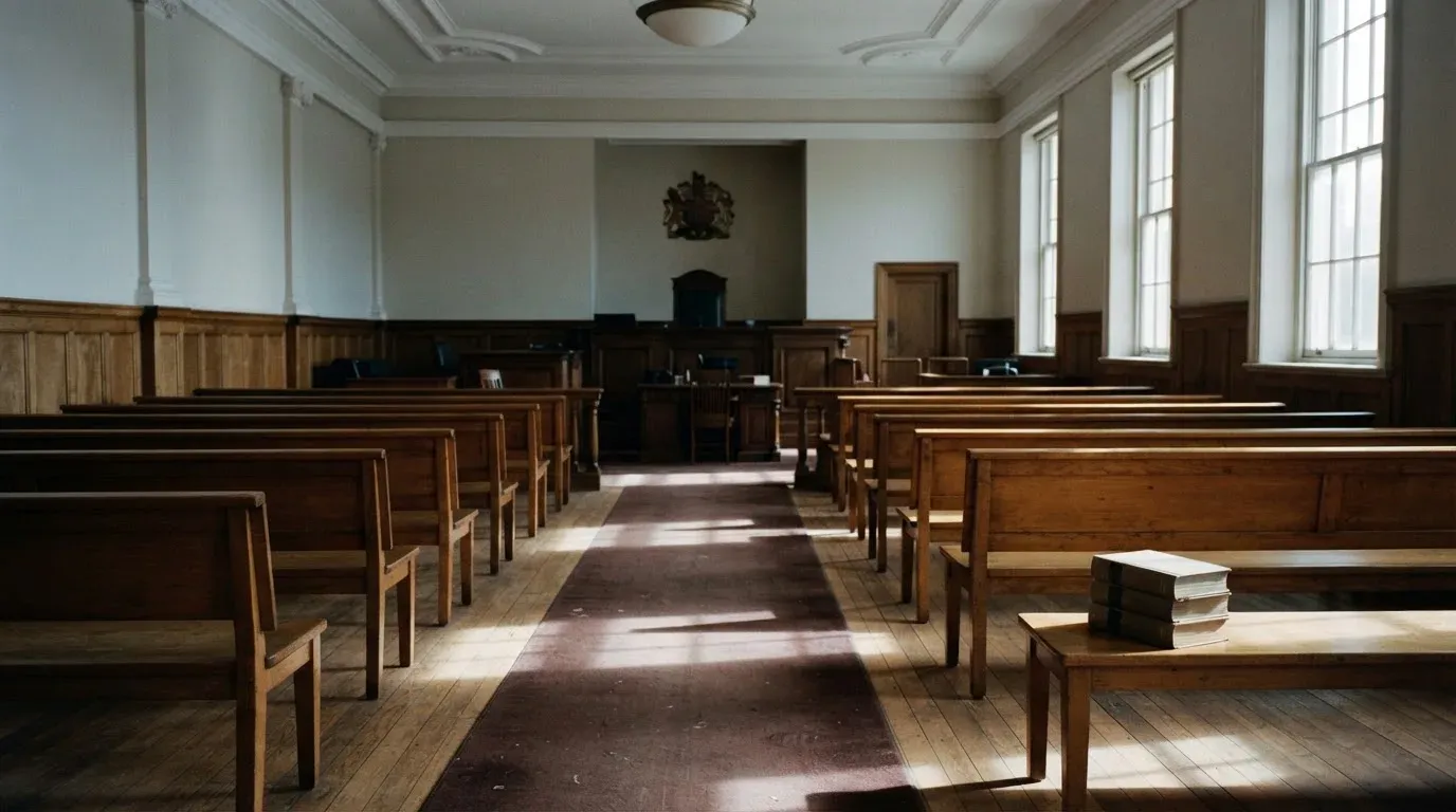 An empty courtroom with wooden benches in morning light