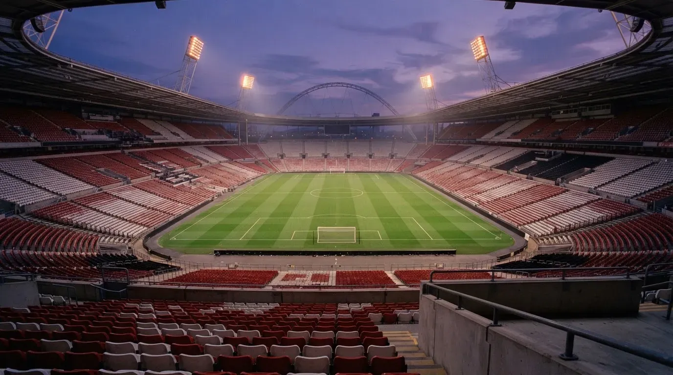 An empty football stadium with floodlight masts at dusk
