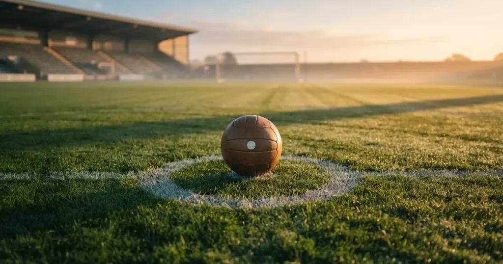 A ball on the centre spot of a grass pitch in morning light