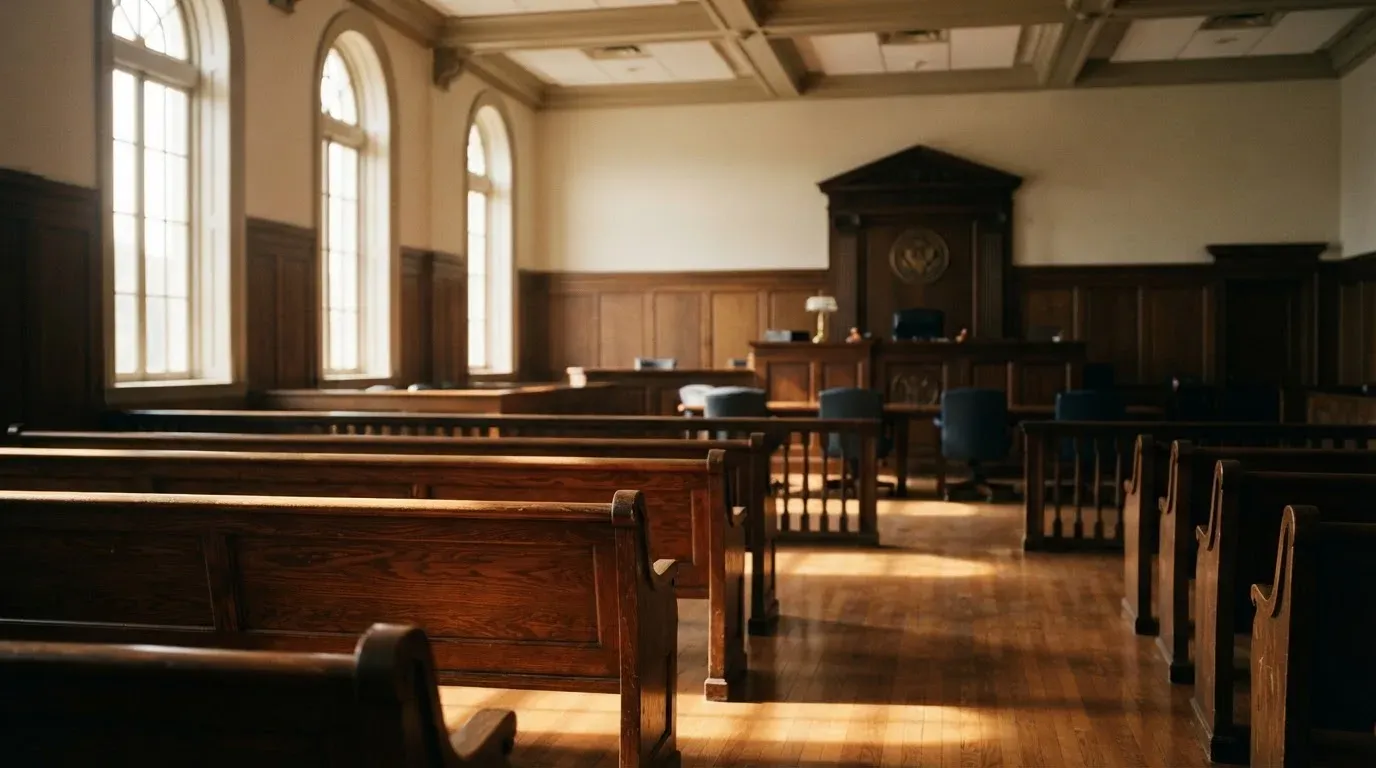 An empty courtroom with wooden benches in morning light