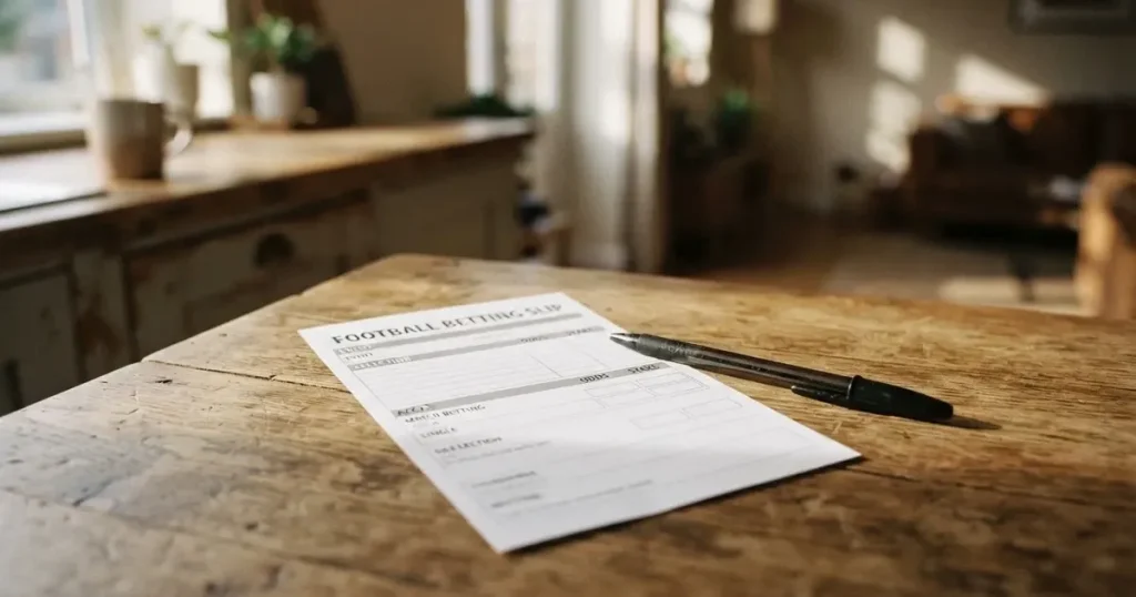 A blank paper betting slip beside a pen on a wooden counter