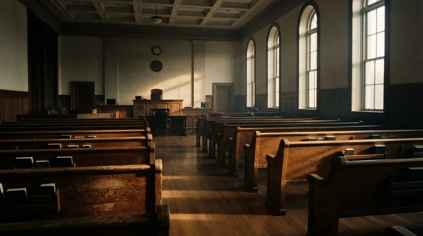 An empty courtroom with wooden benches in morning light