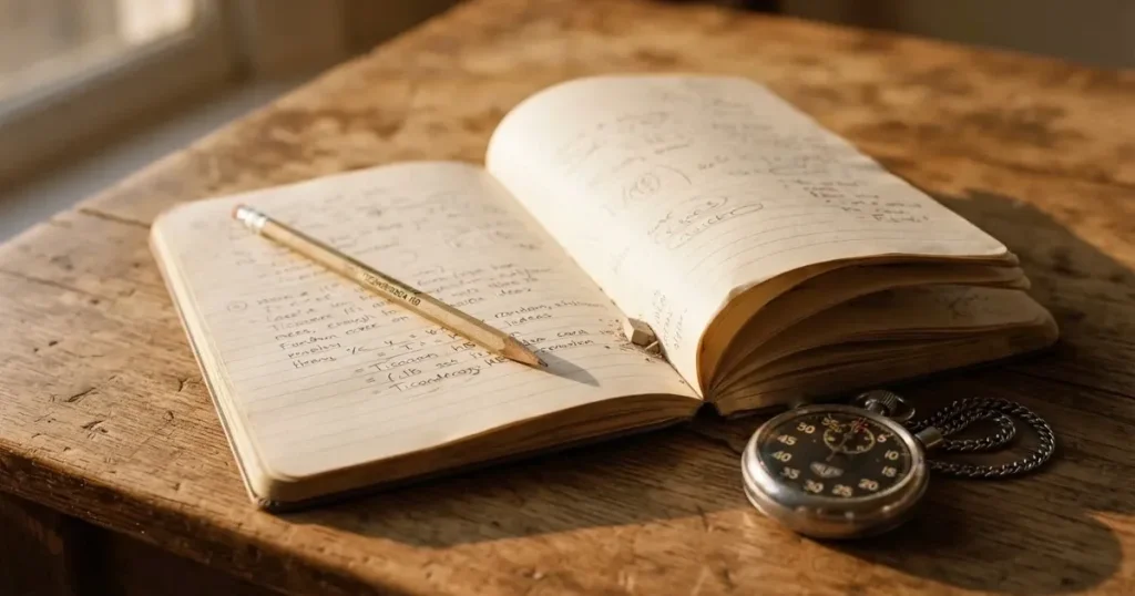 An open notebook with a pencil and a stopwatch on a wooden table