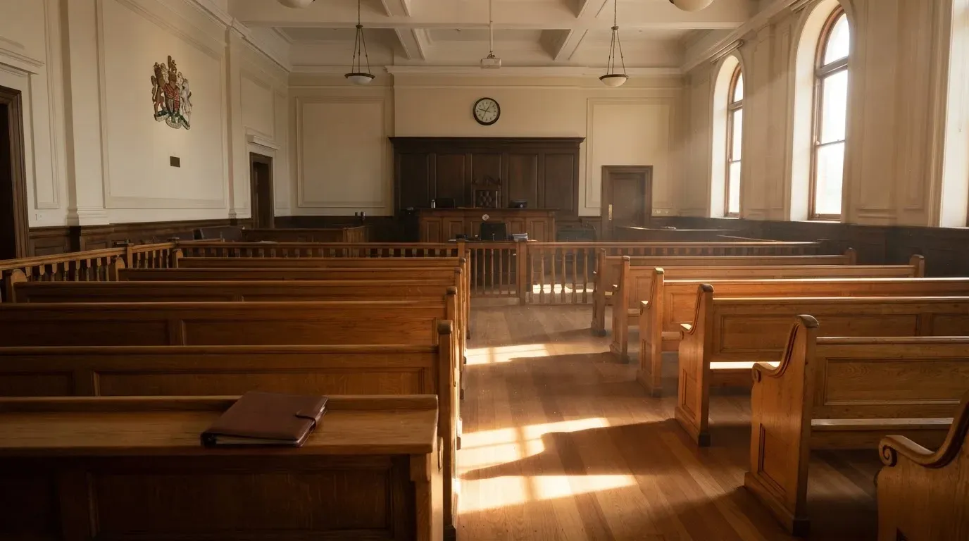 An empty courtroom with wooden benches in morning light