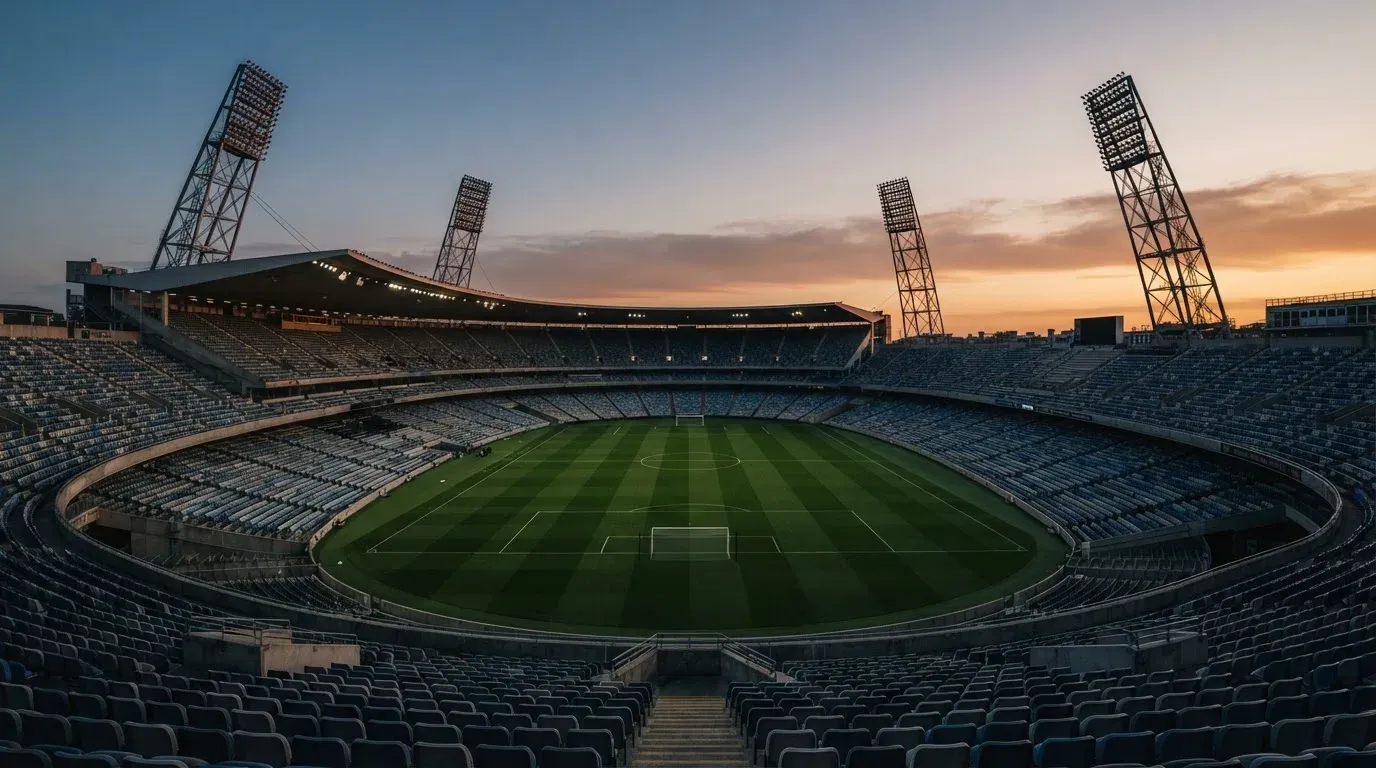 An empty football stadium with floodlight masts at dusk