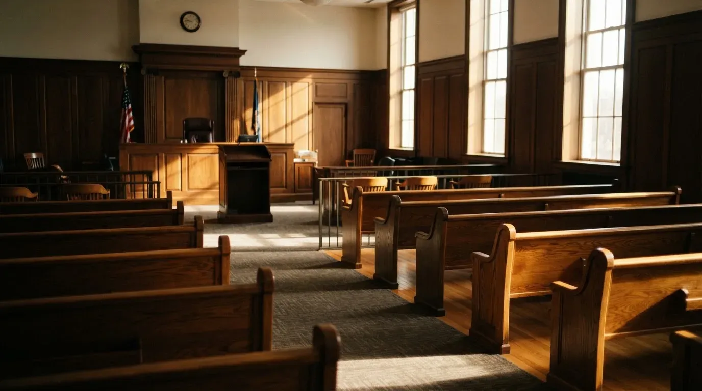 An empty courtroom with wooden benches in morning light