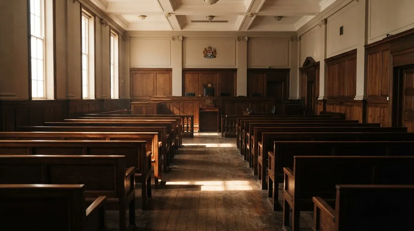 An empty courtroom with wooden benches in morning light